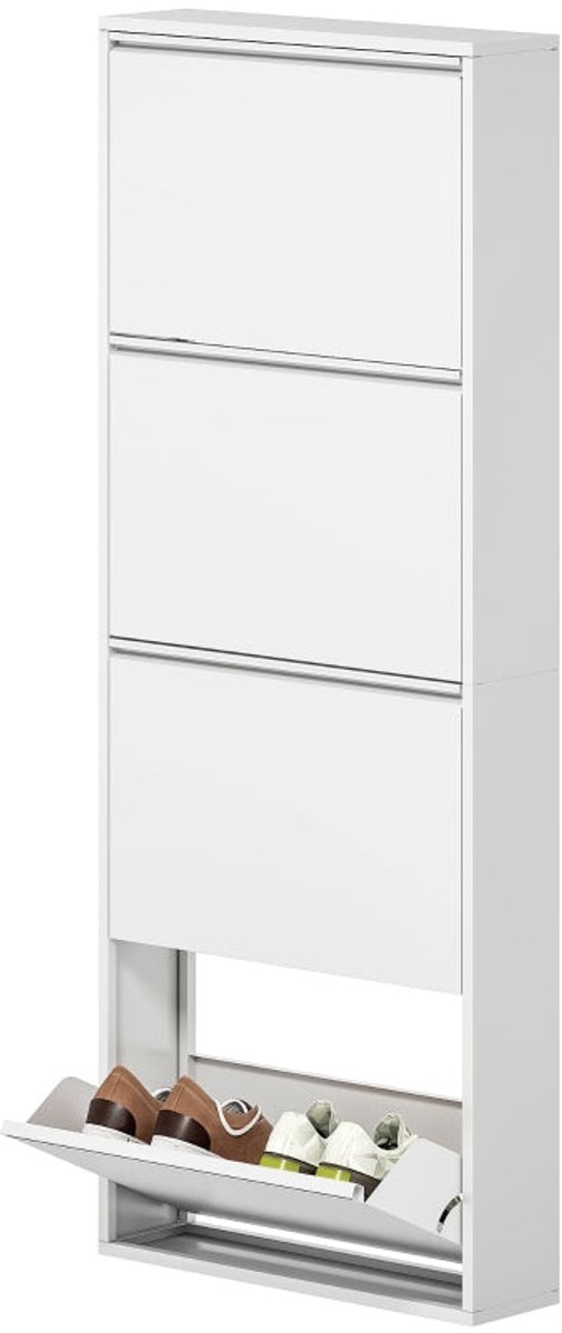 Merax Metalen Schoenenkast 55x15x139,5 cm – Extra Smalle Schoenenkipper met 4 Kleppen – Voor ca. 8 Paar Schoenen (t/m EU43) – Wandmontage – Wit