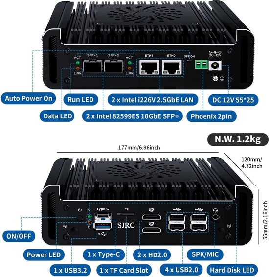 Krachtige Mini PC Firewall met 12e Gen N100, 2x 10Gb SFP+ en 2x 2.5Gb ...
