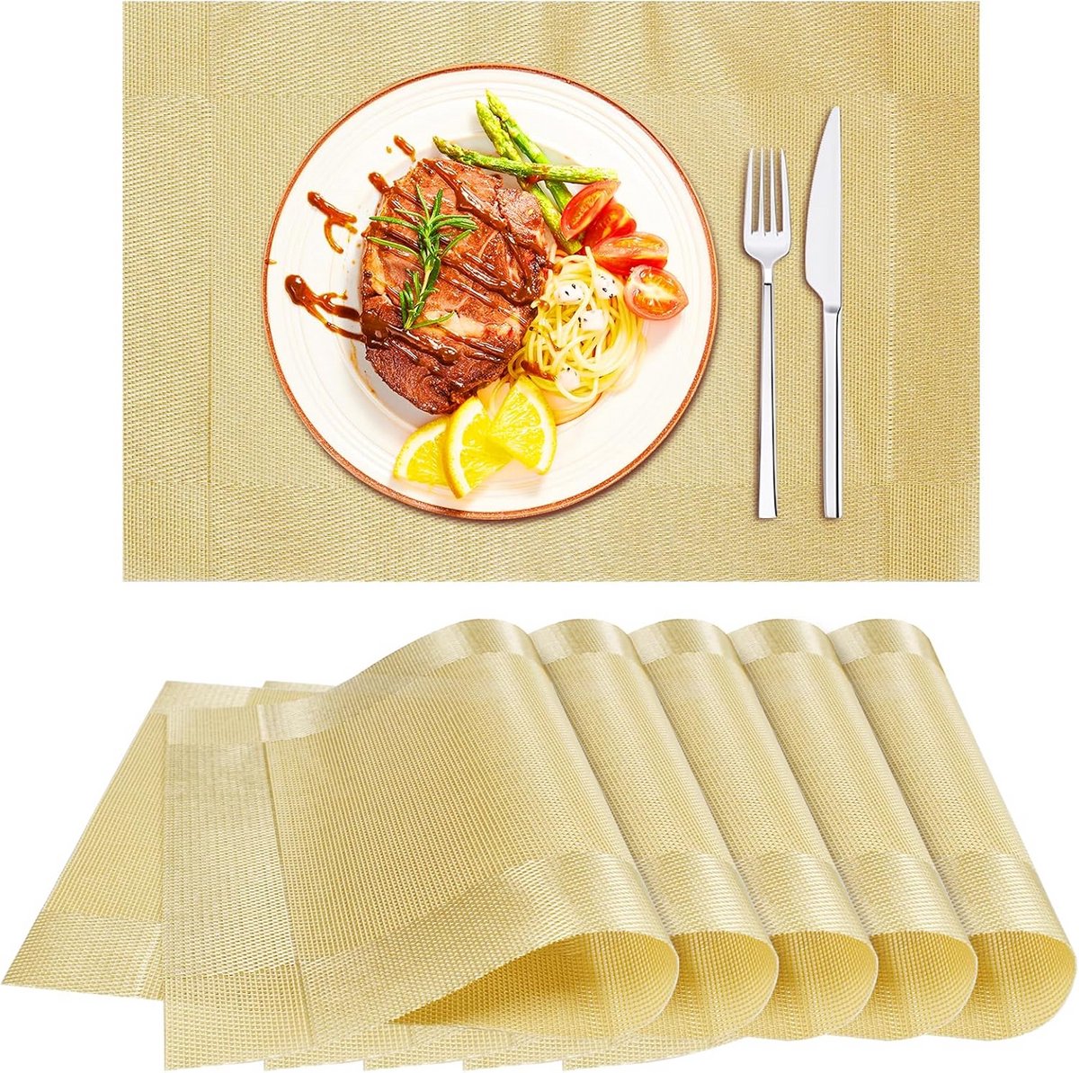 Set van 6 Gouden Placemats Hittebestendig en Wasbaar voor Eettafel