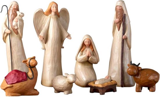 Houten kerststal figuren met Maria, Jozef, engel, kameel, schaap, lammetje en os.