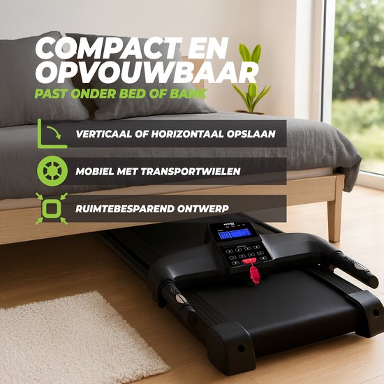 Zwarte loopband VirtuFit TR-50i onder een bed, compact en opvouwbaar.