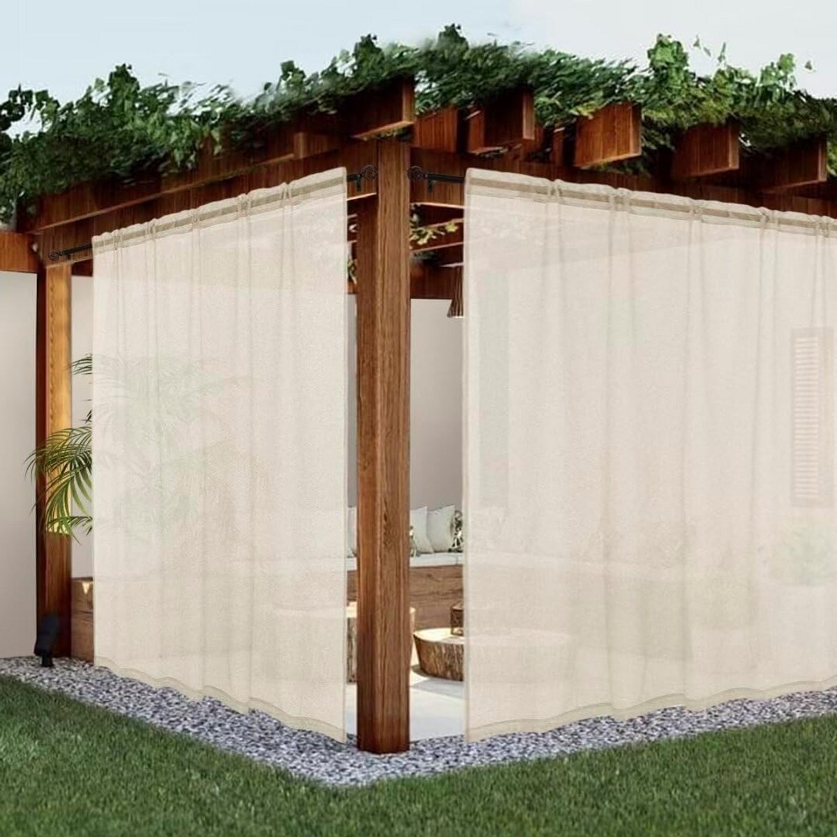 Waterdichte Transparante Buitengordijnen (2 stuks) Linnenlook Voile Gordijnen voor Veranda, Tuin en Buitenruimtes - Ivoor Wit - 254x213 cm