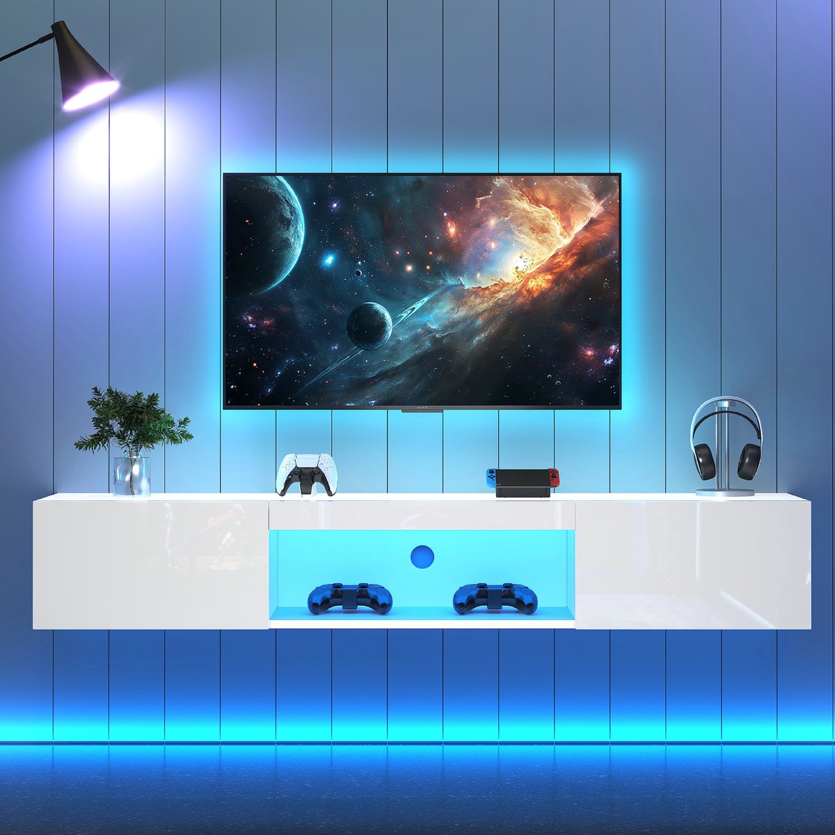 VVBV TV Meubel 160x31x22 cm wit glanzend wandMeubell voor 70” TV LED verlichting Bluetooth APP bediening TV muurbeugel