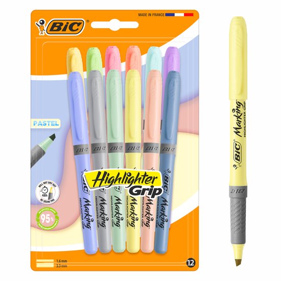 BIC Highlighter Grip Pastel - 12 Stuks - Markeerstiften Zachte Pastelkleuren - 95% Natuurlijk 48u