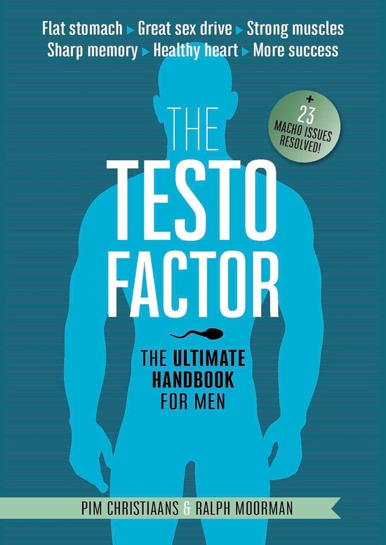 Boekomslag met de titel "The Testo Factor", de ultieme handboek voor mannen, met een blauwe silhouette van een man.