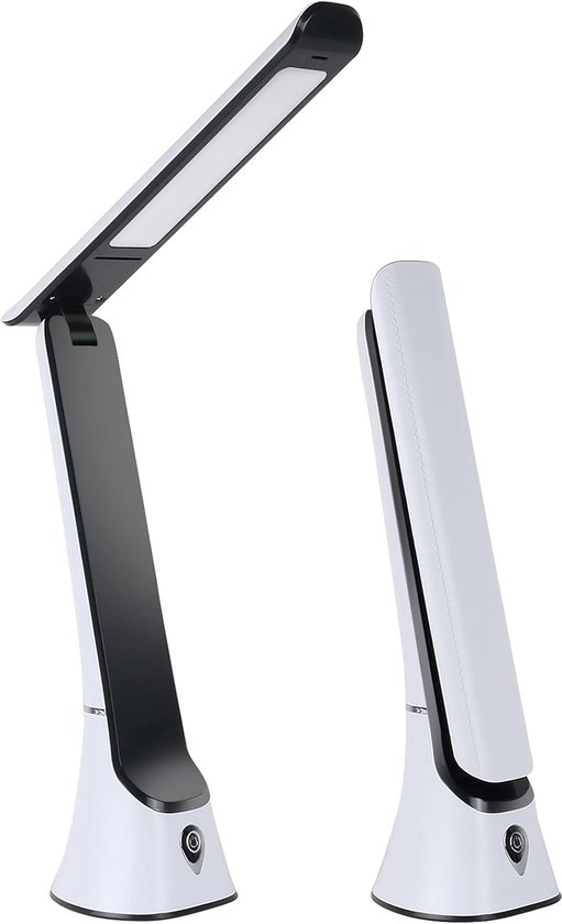 Witte en zwarte moderne bureaulamp, links met lamp aan, rechts gesloten.