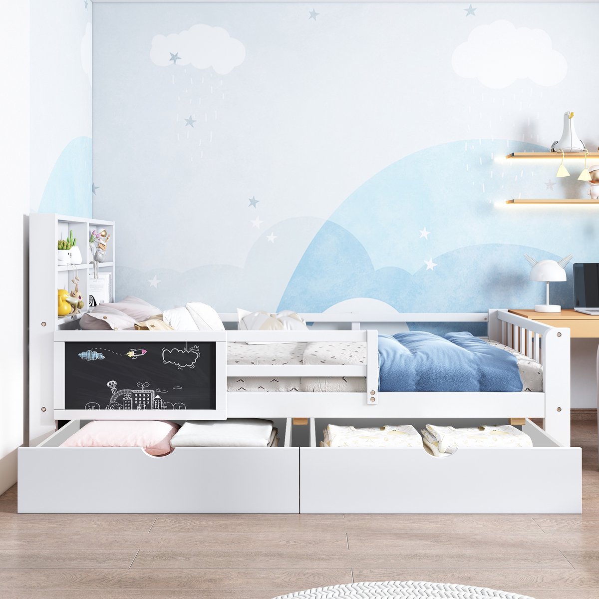 Merax Kinderbed 90x200 cm - eenpersoonsbed - met lade en krijtbord - zonder matras - wit