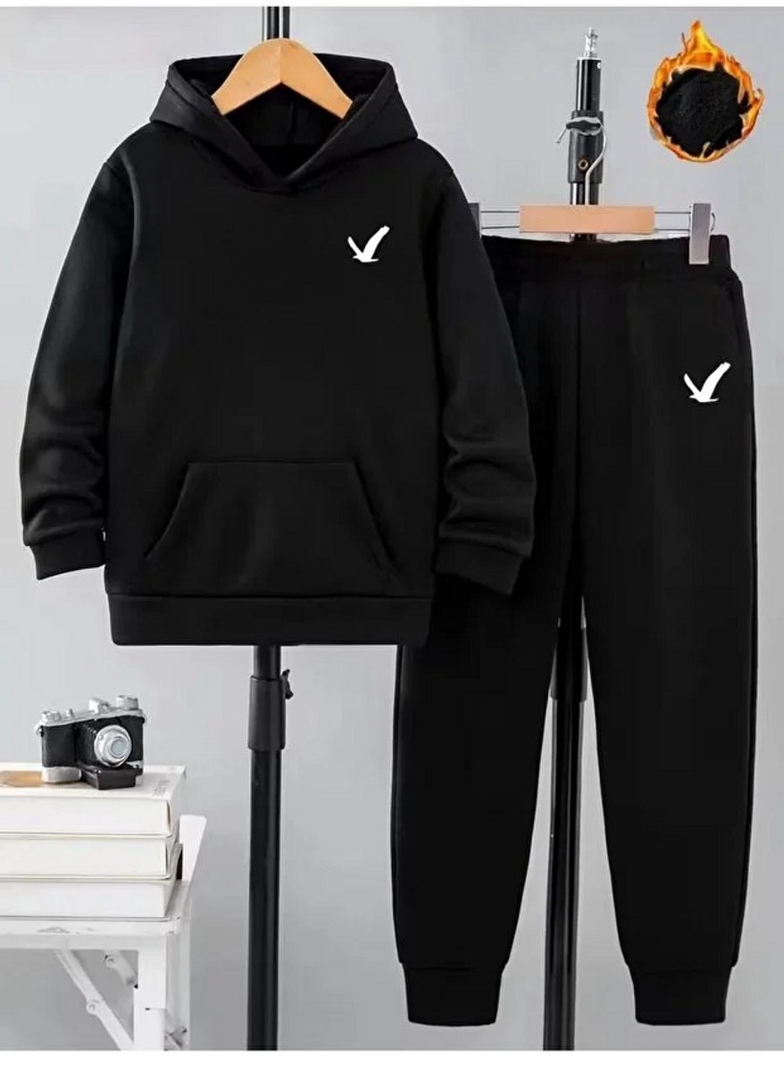 Trendy Zwarte Warme Kinder Hoodie en Joggingbroek Set - Comfortabele Casual Sportieve Outfit - L-XL