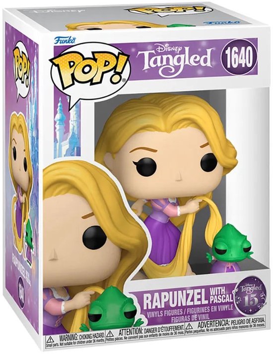 Verpakking van Funko Pop Rapunzel met Pascal, met afbeeldingen van hen en het Disney logo.