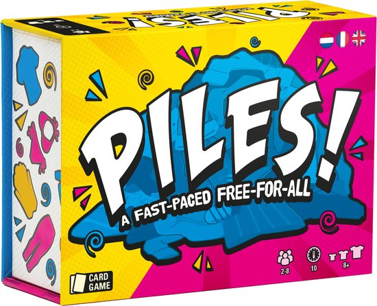 Doos van het kaartspel Piles! met de tekst "PILES! A FAST-PACED FREE-FOR-ALL". Kleurrijk met gele en roze patronen.