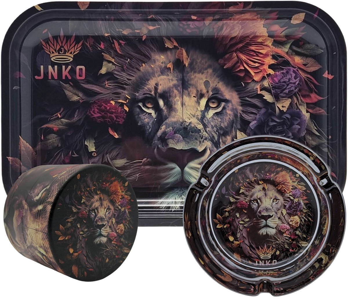 Grinder + Metalen Dienblad XXL + Asbak – 3-delige Set – Leeuw 1 Design – JNKO