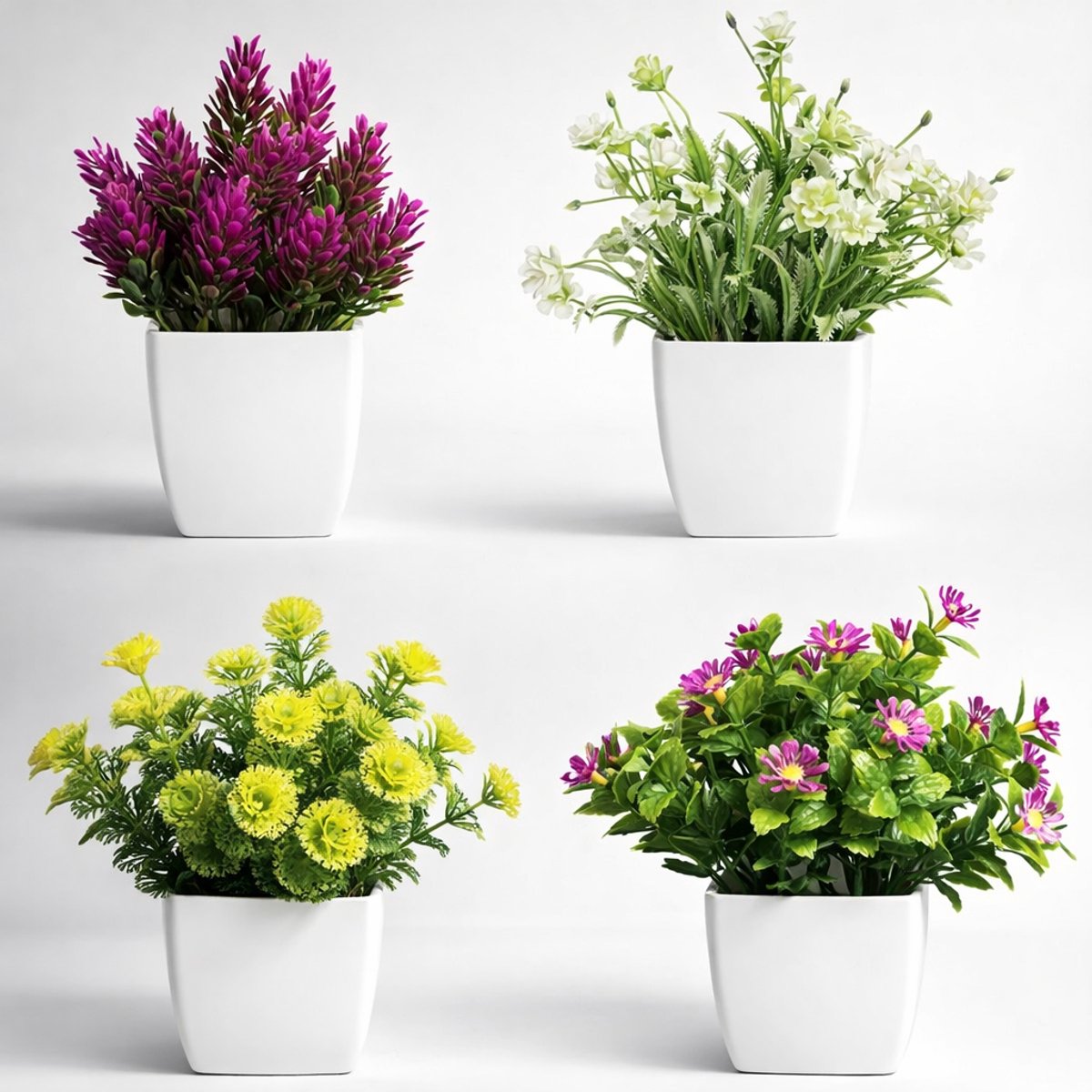 Hemo Kunstbloemen Set van 4 in Witte Pot – Decoratieve Nepplanten voor Woonkamer, Slaapkamer, Bureau & Badkamer