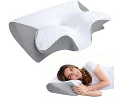 Memory Foam Slaapkussen - Ergonomisch Orthopedisch Kussen met Gecontourde Zijsteun - Grijs - Nekpijn en Rugpijn Verlichting