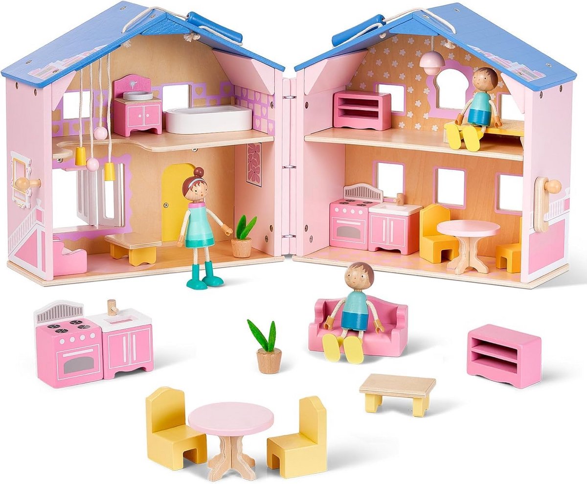 Opvouwbaar Roze Poppenhuis met Meubels en Poppetjes voor Meisjes