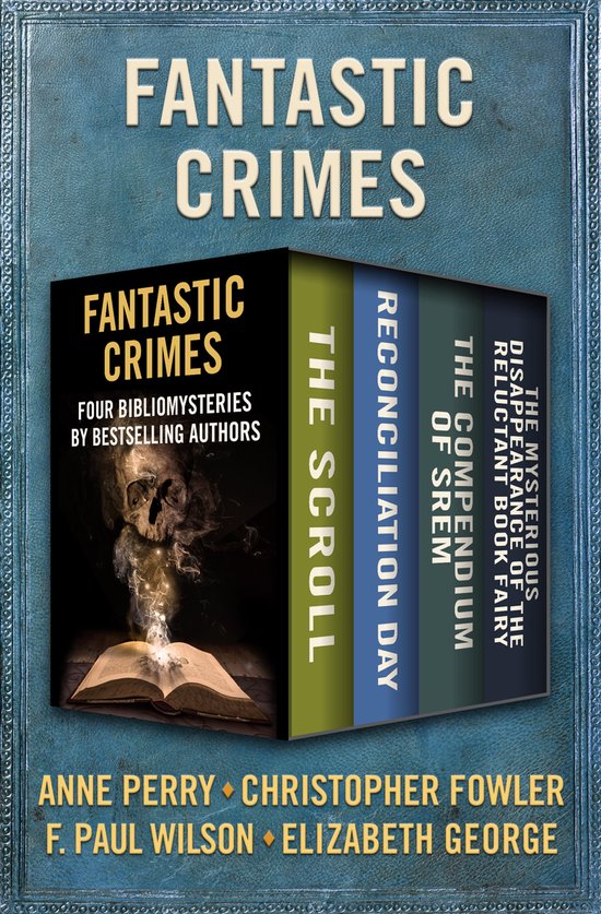 Fantastische misdaadboeken met op de voorkant een opengeslagen boek met rook en een schedel, "Fantastic Crimes" erop.