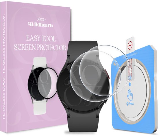 Zwarte smartwatch met band, een blauwe applicator tool, en een verpakking met "EASY TOOL SCREEN PROTECTOR" erop.