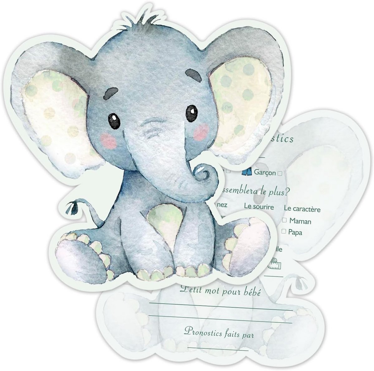 30 Voorspellingskaarten Babyshower - Feestspelletjes Geslachtsonthulling Olifant