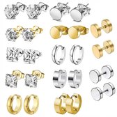 Set van 12 paar oorbellen: vierkante steentjes, ronde studs en oorringen in zilver en goud.