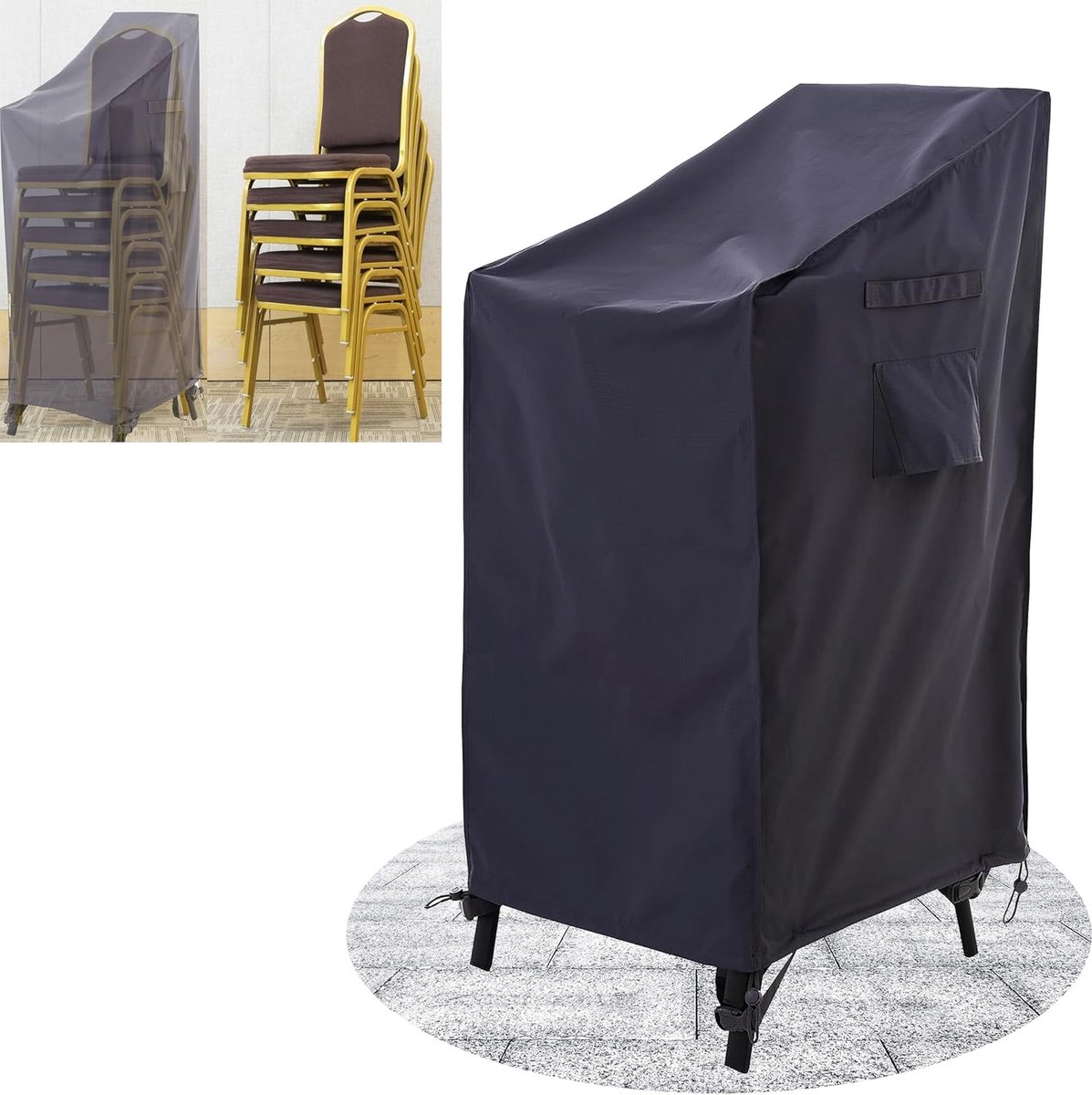 Famanu Afdekhoes voor tuinstoelen met hoge rugleuning - waterdichte en uv-bestendige beschermhoes voor stapelstoelen - robuust en weerbestendig voor zomer en winter - grijs - 69 x 86 x 76/104 cm Zwart