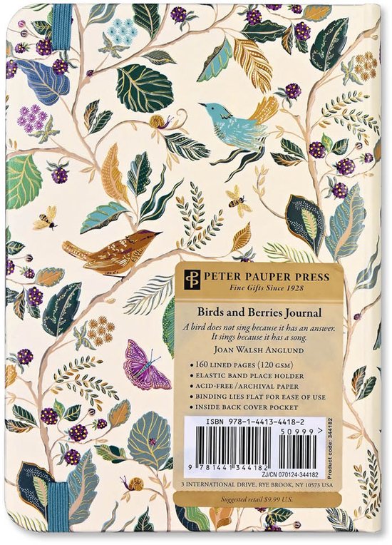 Gesloten notitieboek 'Birds and Berries Journal' met een patroon van vogels, bessen en bladeren. Met elastische band.