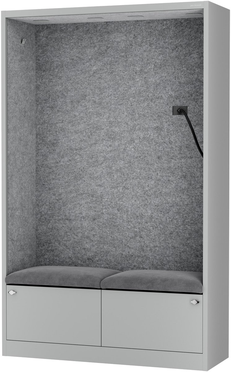 SALLY MentalBox - Geluidsabsorberende cabine voor 2 personen - met zitje - Kledinghanger + Ruime lade - Ingebouwde telefoonhouder + USB-C-poort - Grey Fog / Grijs