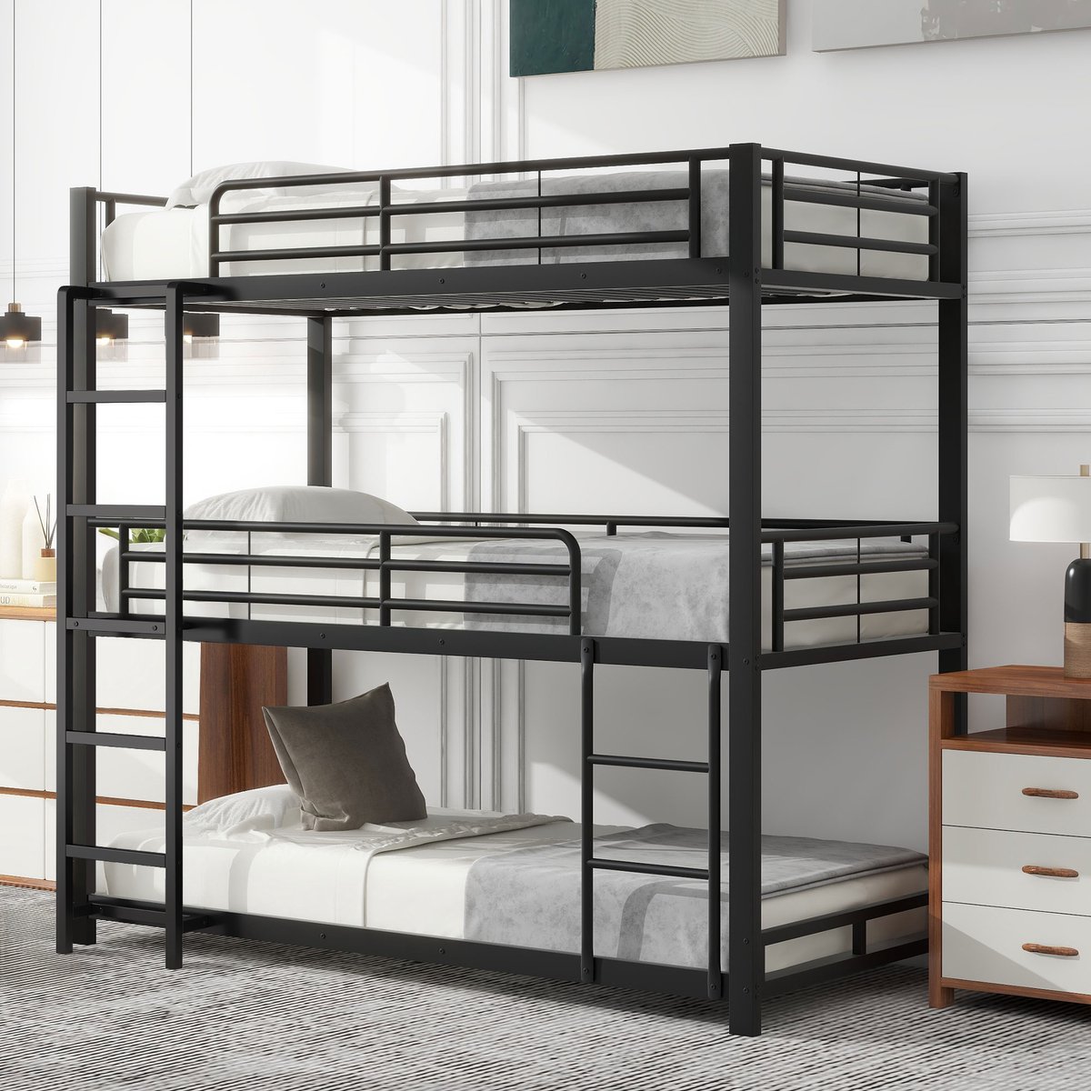 MODFU Drievoudig etagenbed 90x200 cm – 3 slaapplaatsen met veiligheidshekken – Ruimtebesparend stapelbed voor kinderkamer & logees – Metaal en MDF – Zwart
