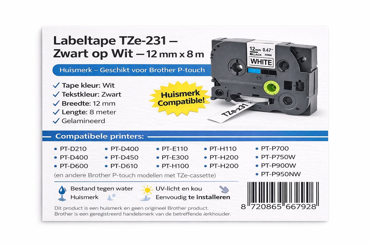 Labeltape TZe-231 – Zwart op Wit – 12 mm x 8 m – Huismerk – Geschikt voor Brother P-Touch van Atotzinkt2x