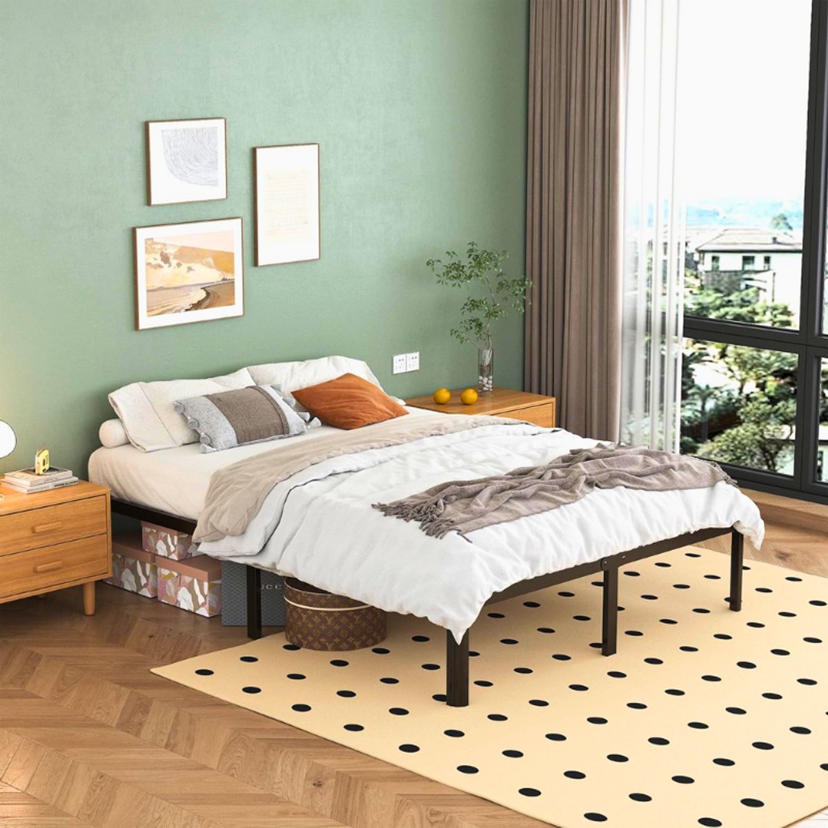 BOG Modern Metalen Tweepersoons Bedframe 150 X 200 Cm - Afgeronde Poten - Bedhoogte 36 Cm - Met Metalen Lattenbodem - Zwart En Stevig