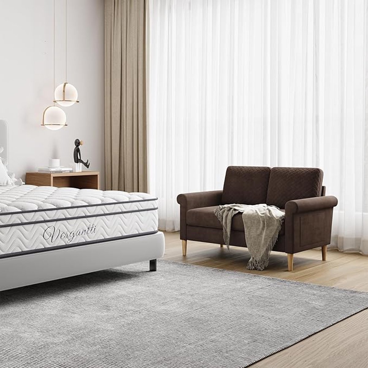 2-zitsbank 123 x 70 x 88 cm – compacte moderne stoffen bank met armleuningen, pocketveren & massief houten poten, mini sofa voor kleine ruimtes – Bruin – Pauwhome