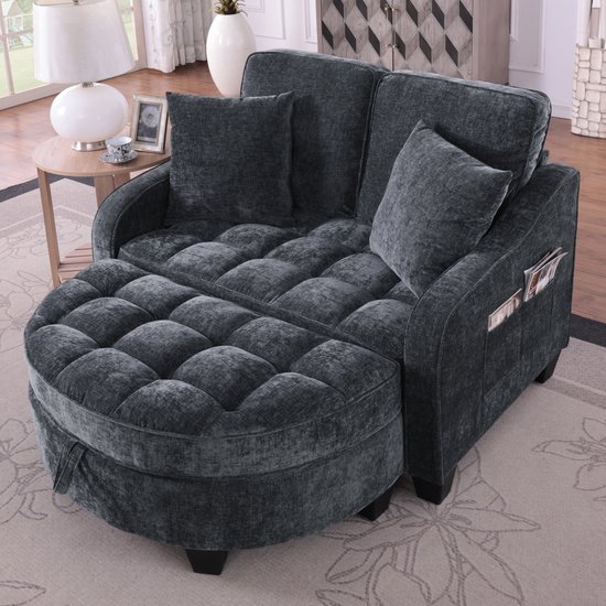 STILVORA Slaapbank 132 X 129 X 93 Cm - 2 In 1 Om te Zitten En Slapen - Met Opbergpoef - Voor Kleine Woonkamer Slaapkamer - Eucalyptus Zwart