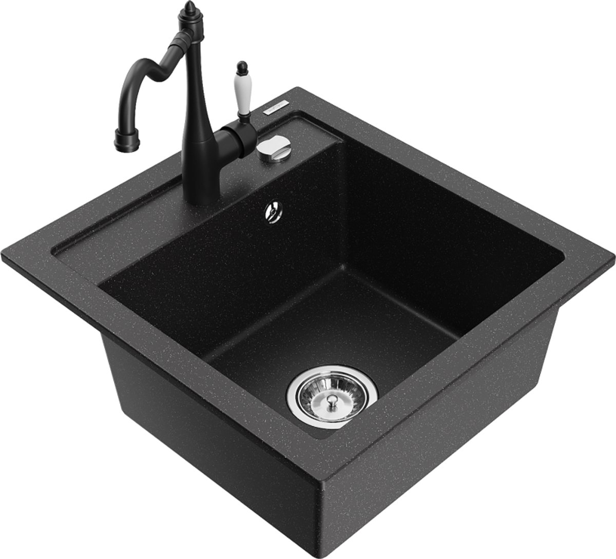 Mexen Vito granieten spoelbak 1-komerig met keukenkraan Carla, zwart/zilver metallic - 650