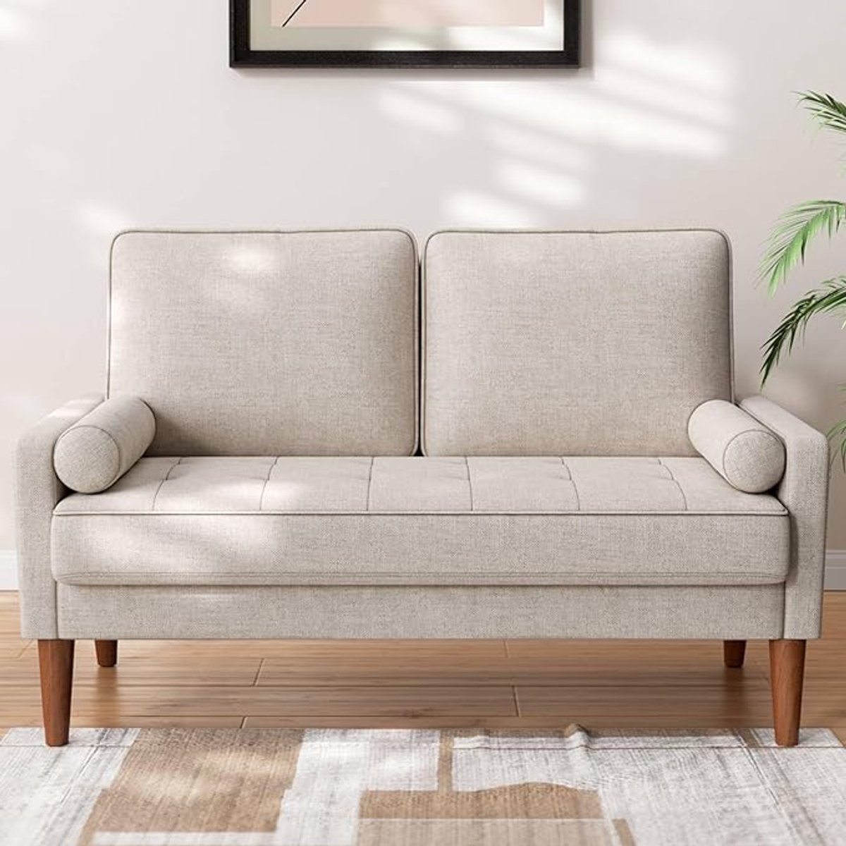 2-zitsbank 121 x 77 x 87 cm – compacte moderne stoffen bank met armleuningen & 2 sierkussens, afneembare hoes, mini sofa voor kleine ruimtes – Asbeige – Pauwhome