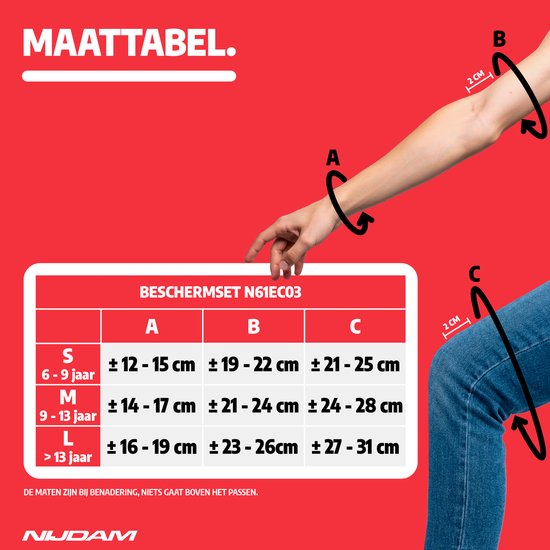 Maattabel voor Nijdam beschermset N61EC03: S, M, L voor leeftijd en afmetingen.