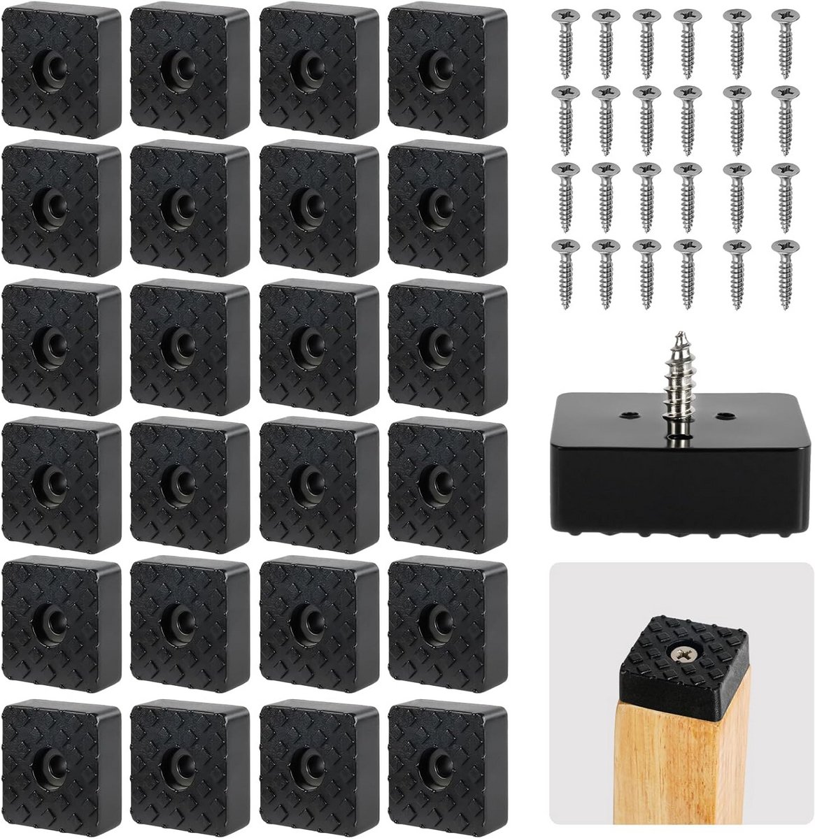 24 Stuks Schroefbare Rubberen Voetjes - Zwarte Anti-Slip Beschermers voor Meubels en Stoelen