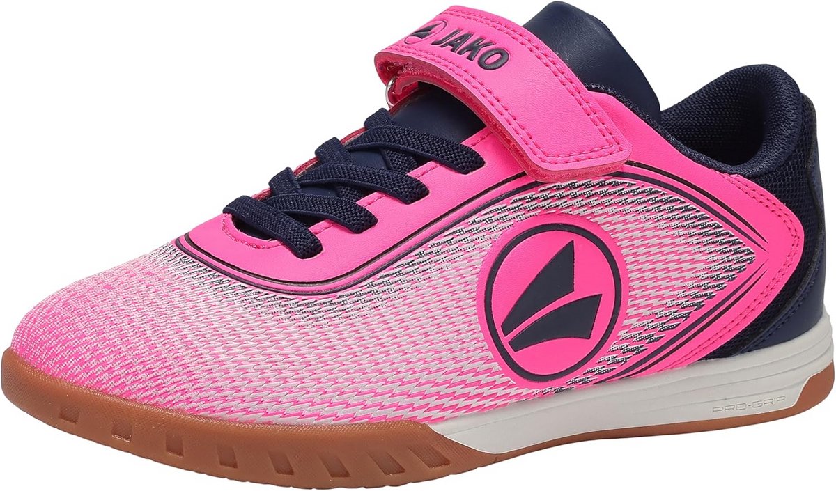 Roze indoor voetbalschoen voor kinderen met klittenbandsluiting, ademend bovenwerk en goede grip voor binnensporten.