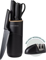 BAUER & MEYER® Messenset - Messenblok - 8-delig - Incl. messenslijper - Keukenmessen - Keukengerei - Zwart