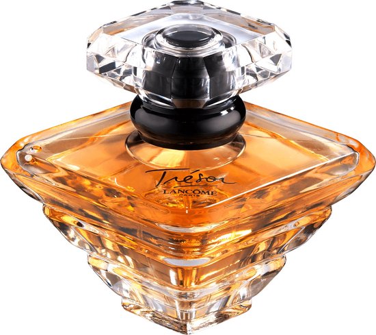 Close-up van het Lancôme Trésor parfumflesje met een amberkleurige vloeistof en een facetgeslepen kristallen dop.