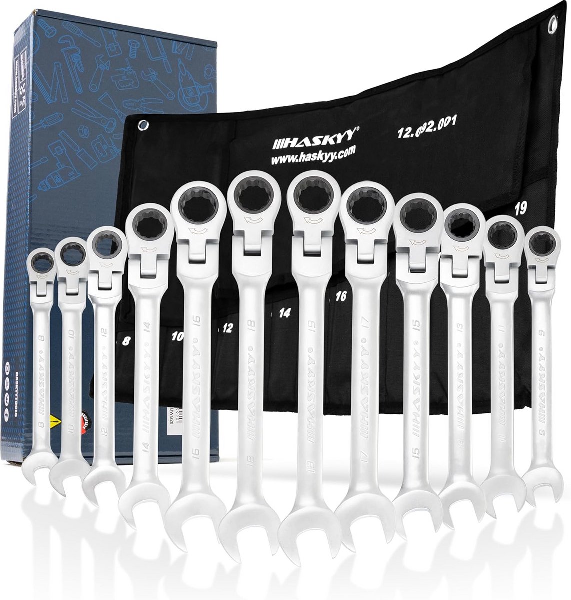 12-delige ratelringsleutelset met scharnier 8-19 mm