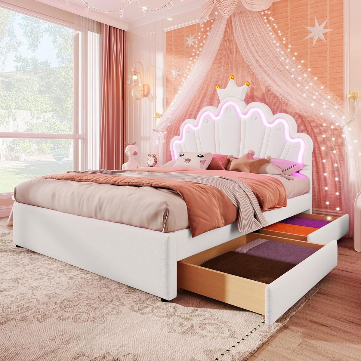 Gestoffeerd Kinderbed 140x200 cm Wit met Verstelbaar Hoofdeinde en LED Sfeerverlichting