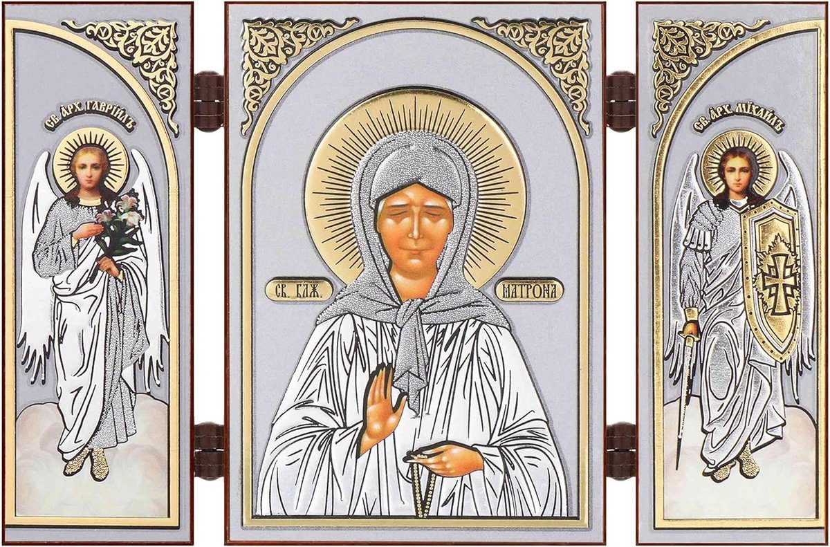 Houten Reisaltaar Iconen Triptych Heilige Matrona - Christelijke Iconografie