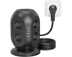 Killogood Stekkerdoos met overspanningsbeveiliging - 8 stopcontacten en 2 USB-poorten - 2 meter kabel - dubbele schakelaar - geschikt voor thuis - kantoor en studentenkamer - zwart