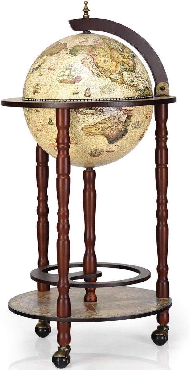 KOMFOTTEU Wijnflessenhouder met wielen, wereldbolbar, wijnrek van eucalyptushout, barwagen, mini-bar met wielen in klassieke stijl (45 x 45 x 88 cm, beige)