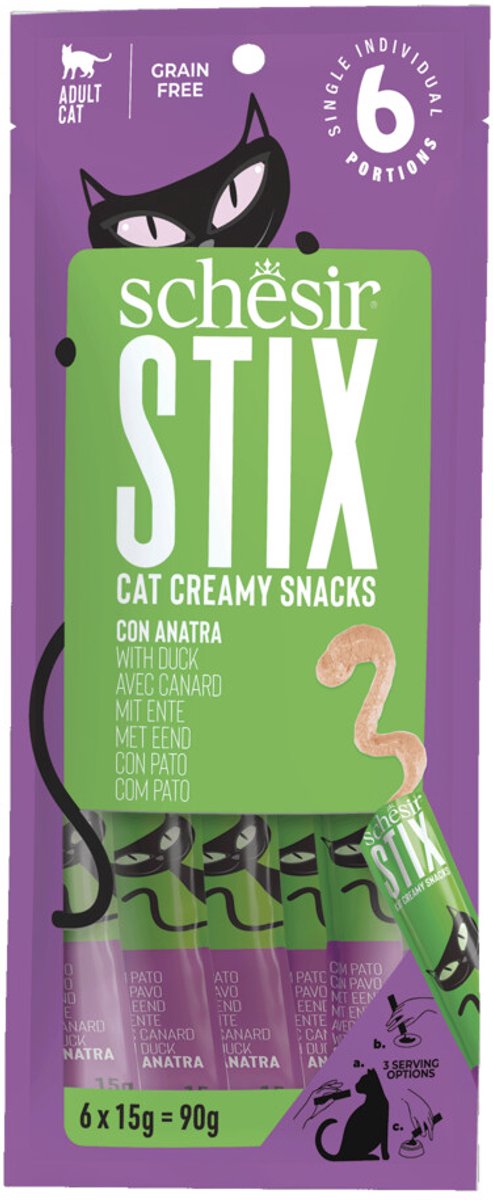 Schesir Kattensnack Stix Eend - 12 x 6 x 15 gr - Voordeelverpakking
