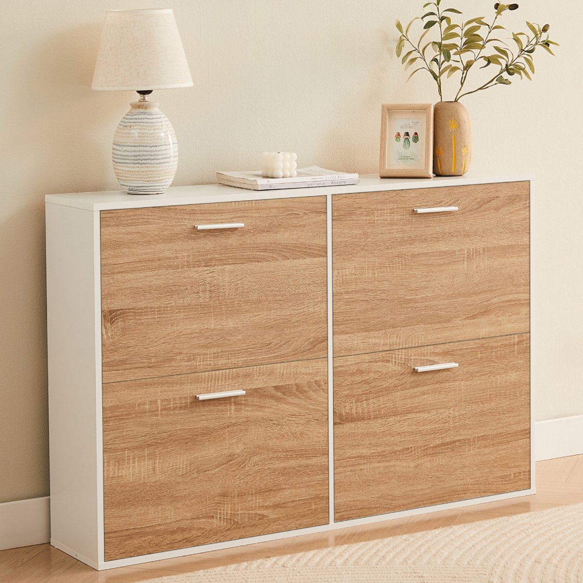 CASABEL Schoenenkast met 4 neerklapbare deuren - Design schoenenkast - Opbergmeubel voor de hal met ruimte voor 24 paar schoenen - Wit frame - Houten neerklapbare deuren