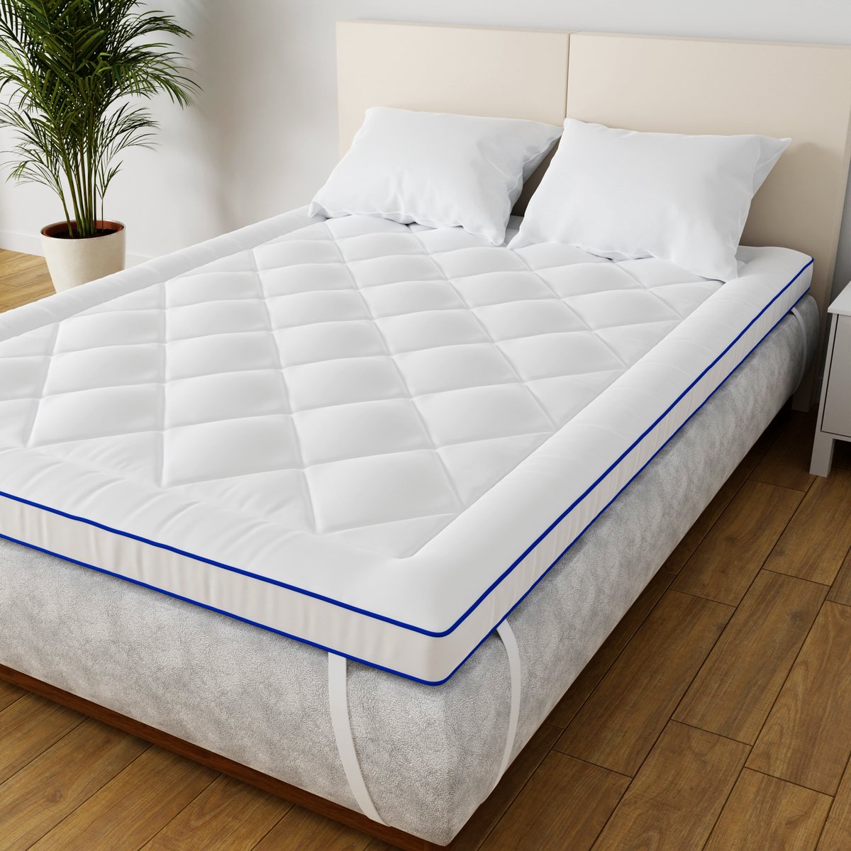 CASABEL Zachte Matras Topper 180 x 200 cm van ademende microvezel met blauwe bies