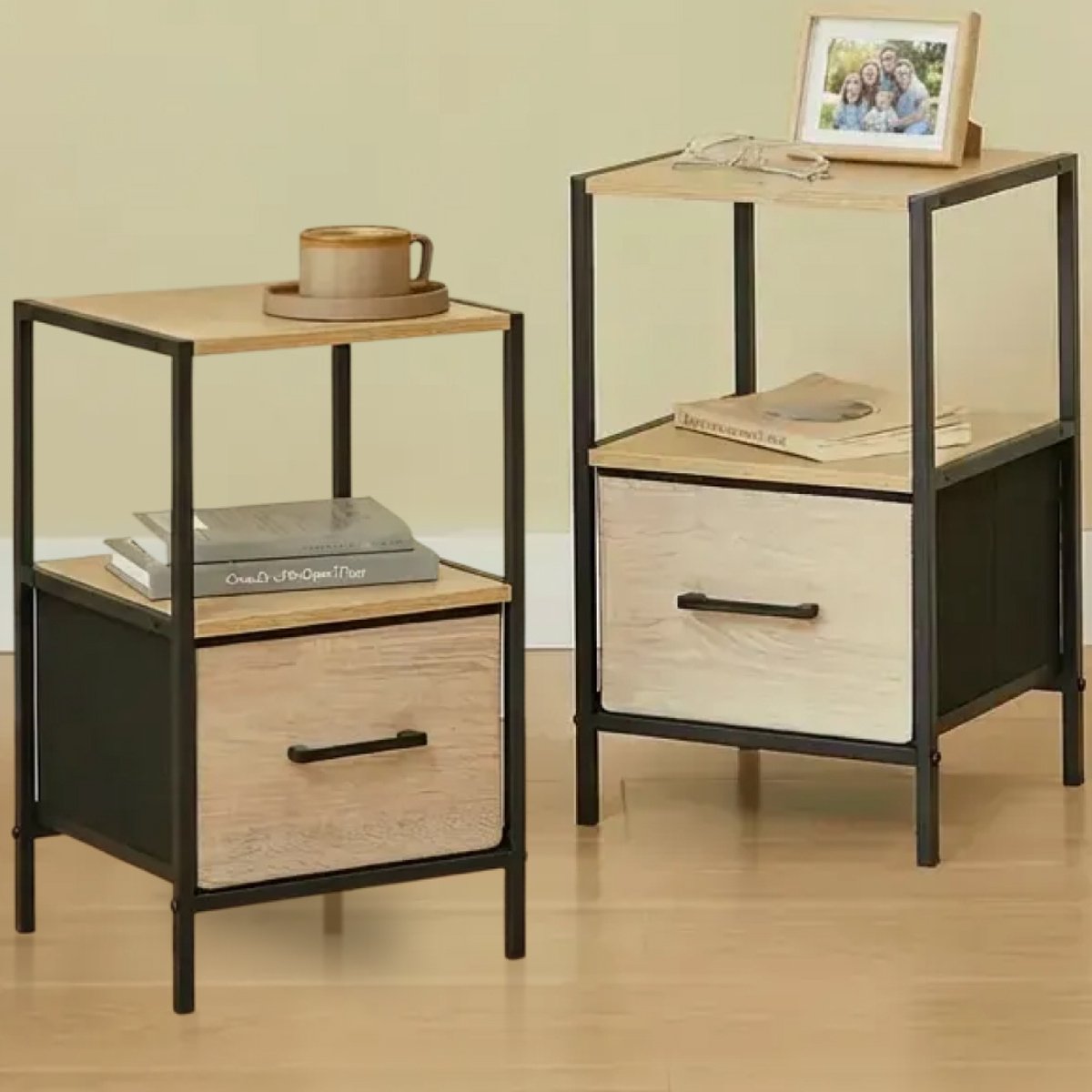 CASABEL Set van 2 nachtkastjes met lade, uitgevoerd in verstevigde stof met houtlook, zwart metaal en MDF, 30×30×50 cm, nachtkastjes
