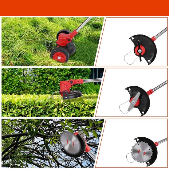 HOMTAS 3-in-1 Kantenmaaier - Grastrimmer - Bosmaaier - Grasmaaier - Draadloos & Elektrisch - Incl. 2 Accu ‘s & Snellader met wielen –Red-15cm Cutting Diameter — afbeelding 4