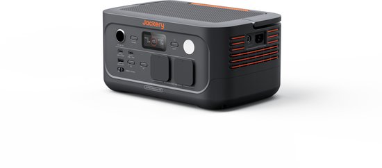 Donkergrijze Jackery Explorer 500 powerstation met oranje accenten en diverse aansluitingen.