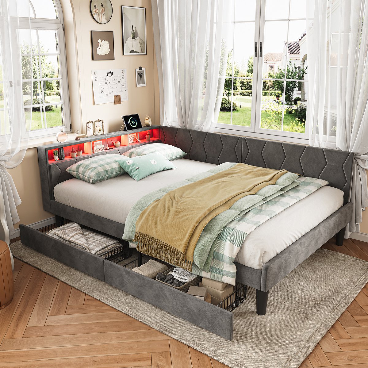 Comfortabel gestoffeerd bed 140x200 cm met geïntegreerde opbergladen en zachte velours bekleding voor een comfortabele slaapkamer, grijs