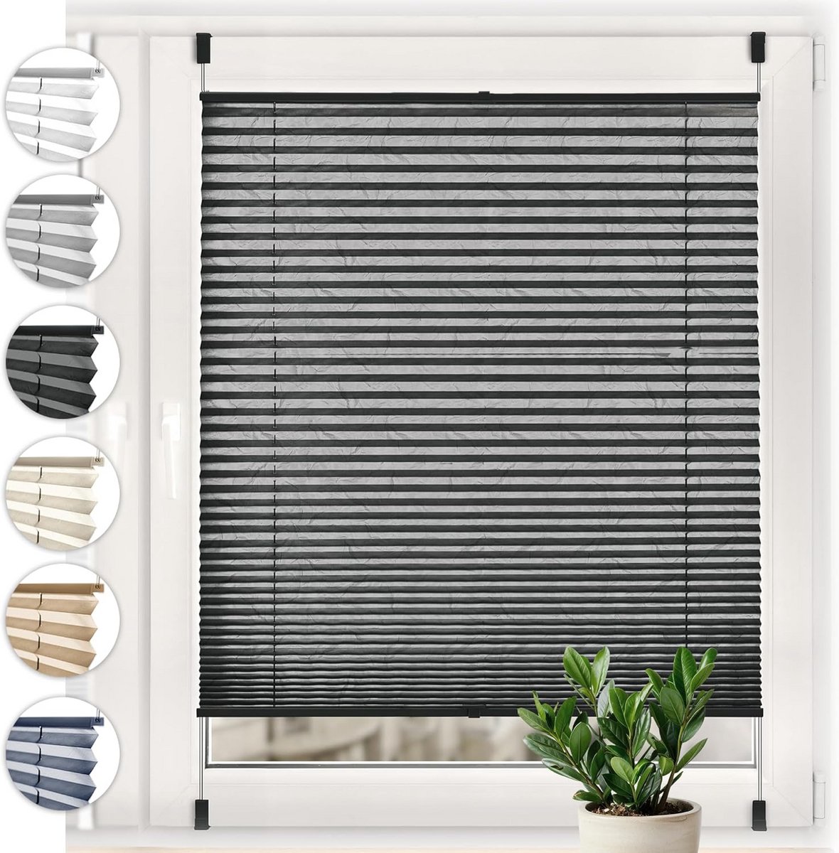 Plisségordijn Crush Antraciet Klemfix zonder Boren 45x100cm - Verduisterend Rolgordijn met